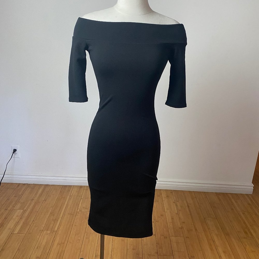 Black midi off shoulder dress. 3/4 sleeve length